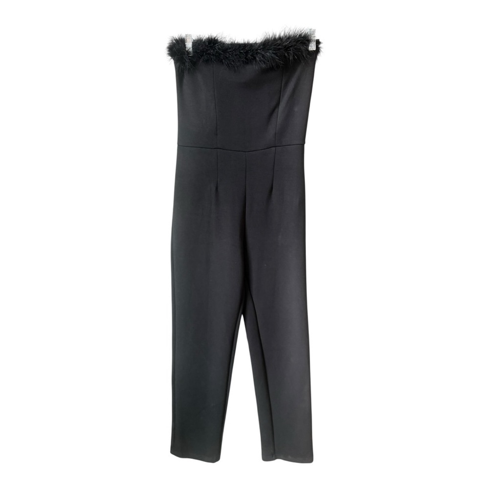 Lovers + Friends Black‎ Demi Strapless Jumpsuit Size Medium Feather Trim